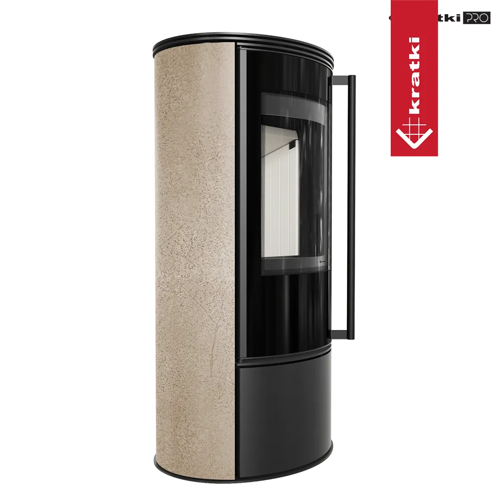 Kratki Erik houtkachel met zwart en beige afwerking, grote glazen deur en modern ontwerp.
