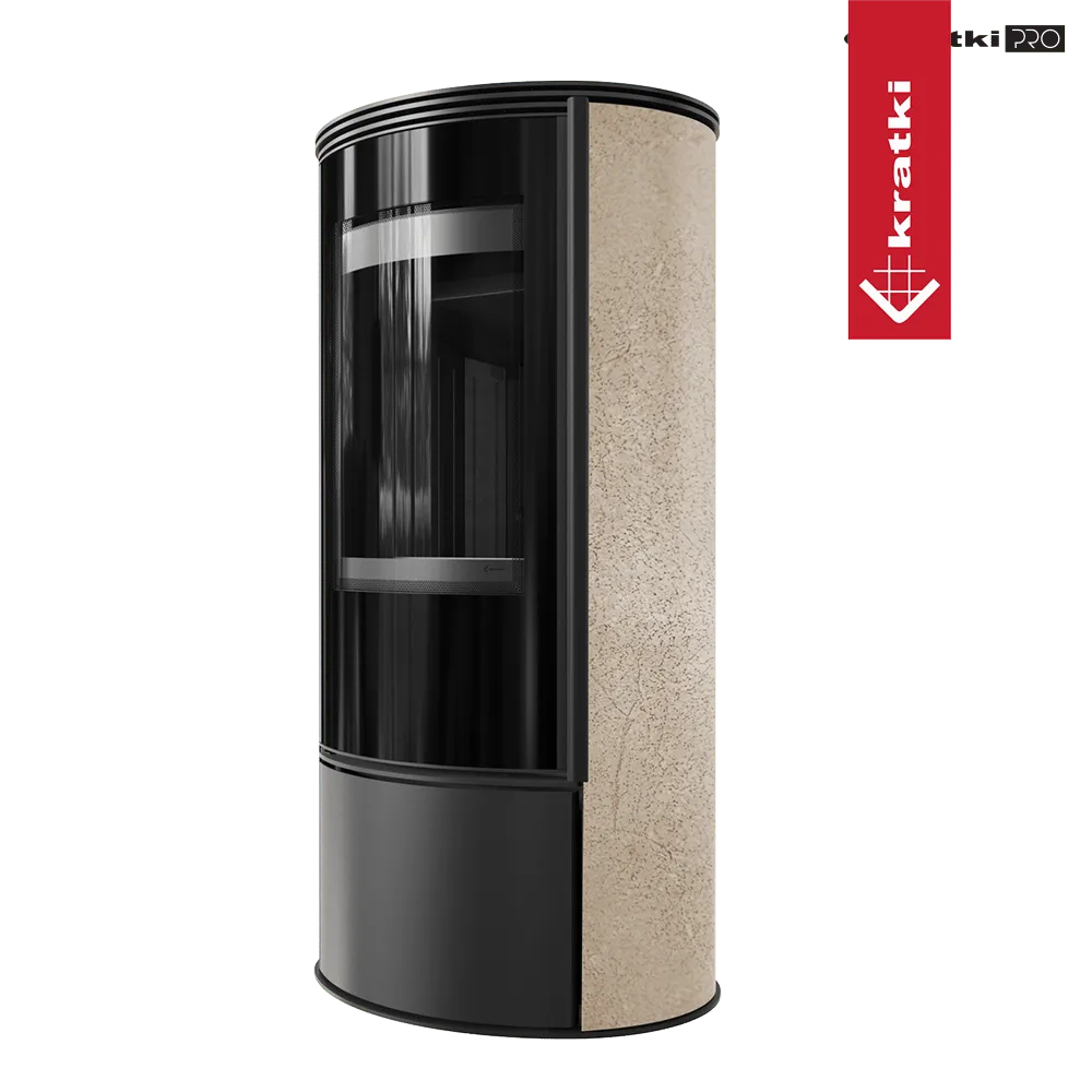 Kratki Erik moderne houtkachel met gebogen glazen deur en beige zijpanelen.