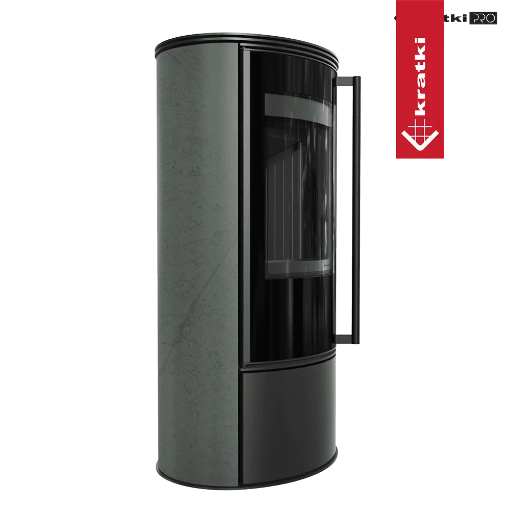 Moderne, cilindervormige houtkachel Kratki Erik met glazen deur en grijze zijpanelen.
