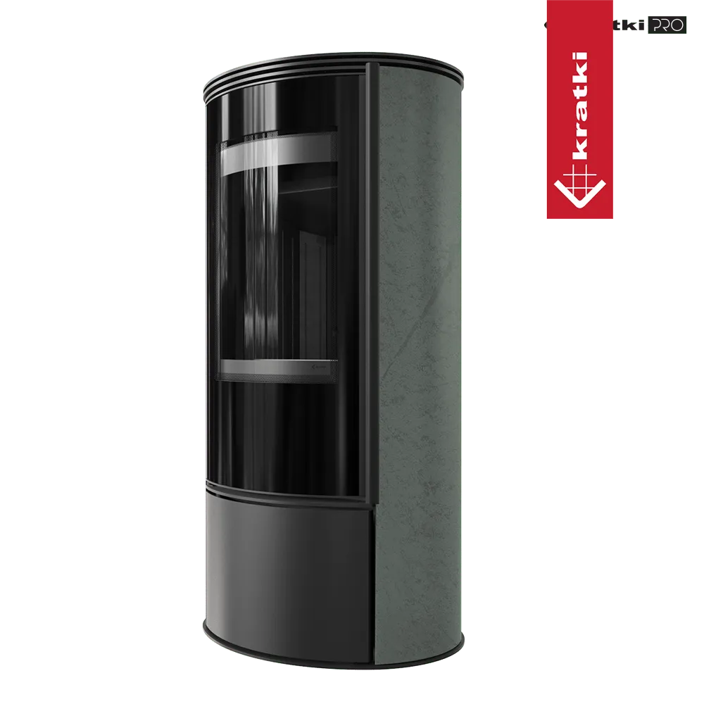 Moderne, zwarte houtkachel Kratki Erik met gebogen glazen deur en grijze zijpanelen.