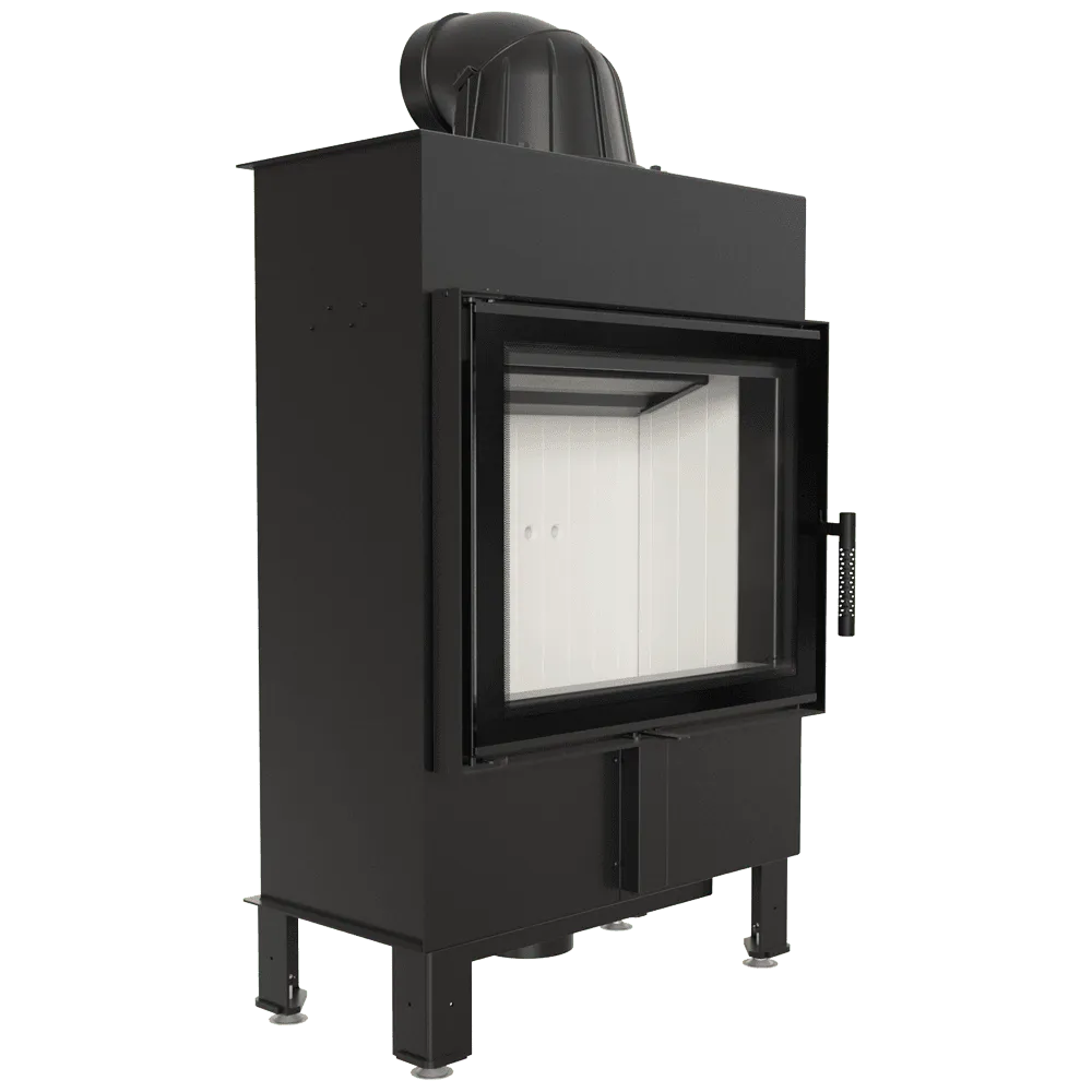 Kratki Lucy 12 kW Slim, zwarte vrijstaande houtkachel met glazen deur en bovenste rookafvoer.
