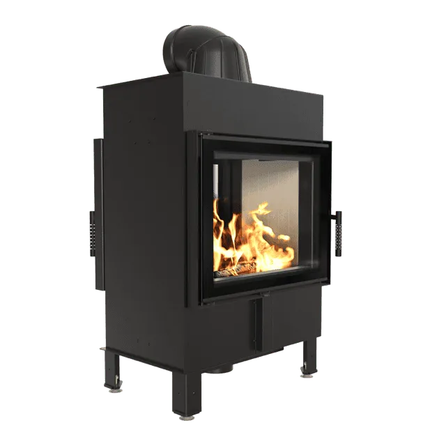 Kratki Lucy 12 kW Tunnel houtkachel met zichtbare vlammen, zwart metalen behuizing en glazen deuren.