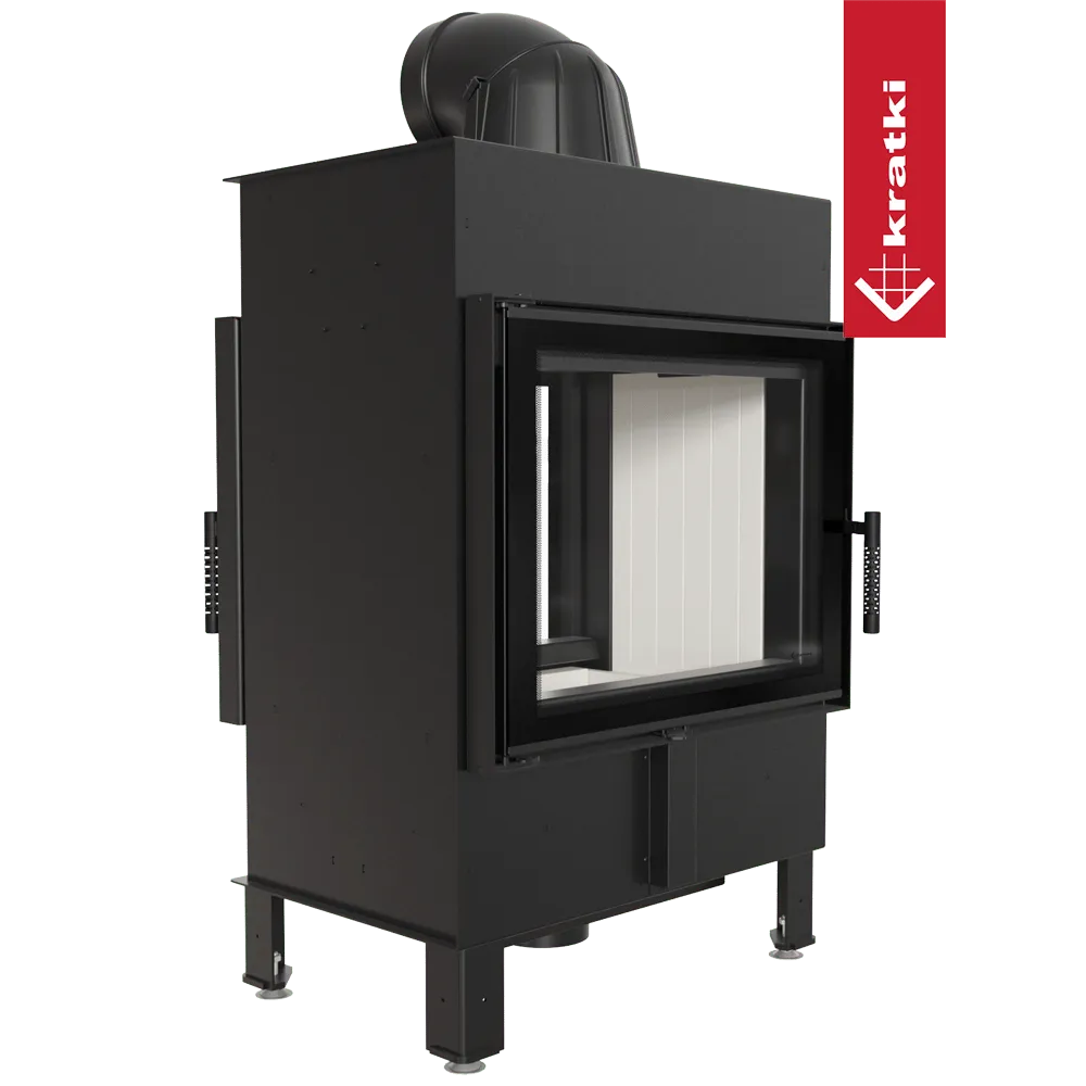 Kratki Lucy 12 kW Tunnel, moderne zwarte tunnelhaard met glazen deur en witte binnenkant.