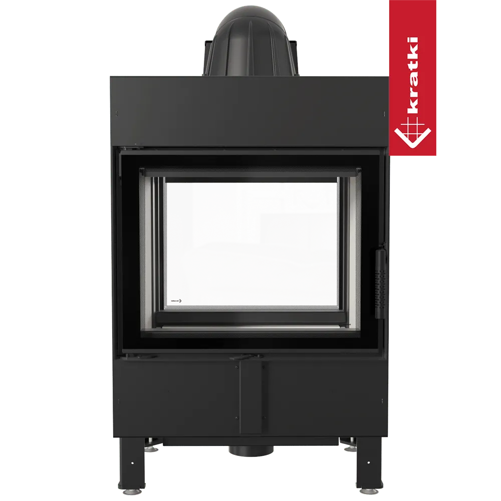Kratki Lucy 12 kW Tunnel, moderne doorkijkhaard met zwart frame en glazen deur.