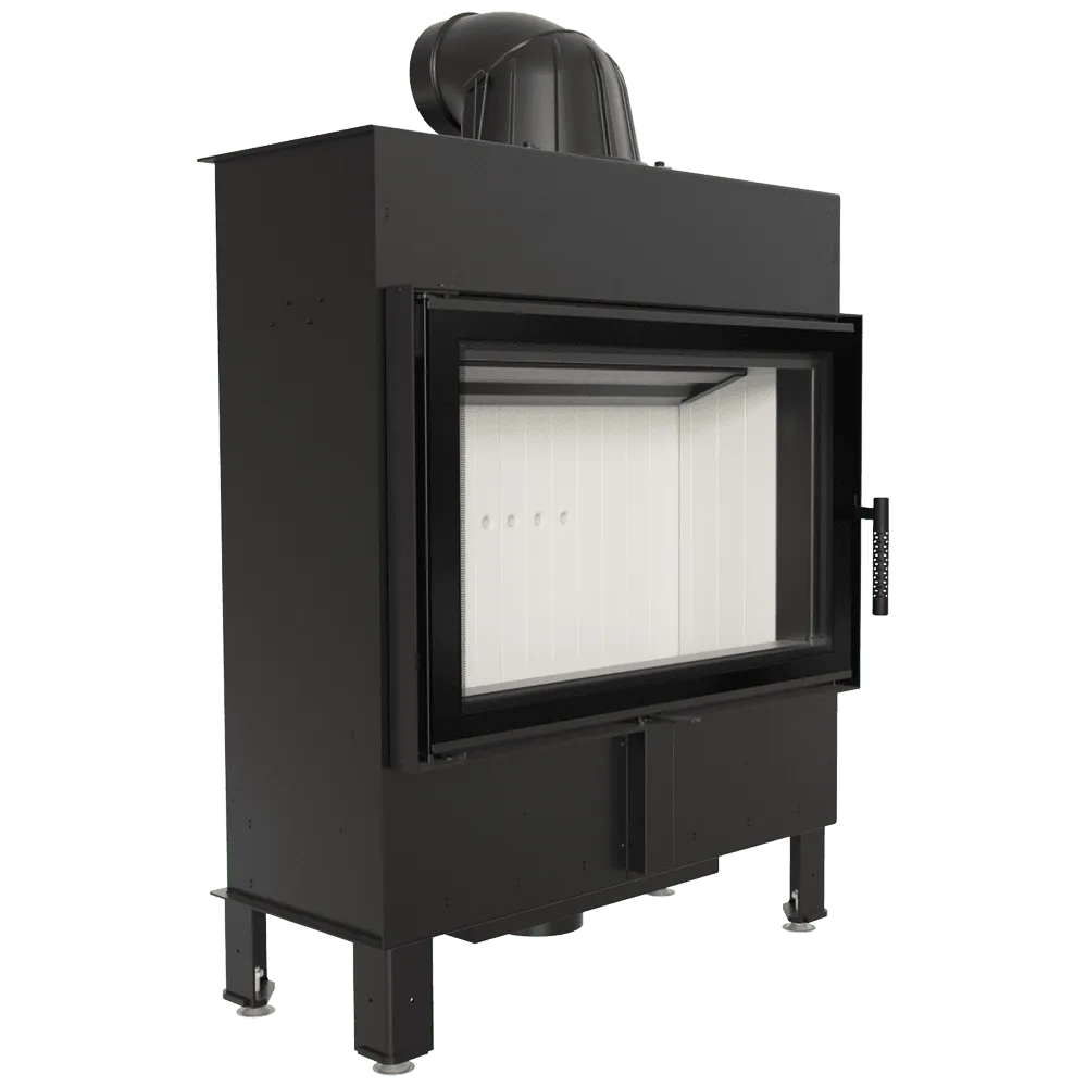 Kratki Lucy 14 kW Slim houtkachel met zwart metalen behuizing en glazen deur.