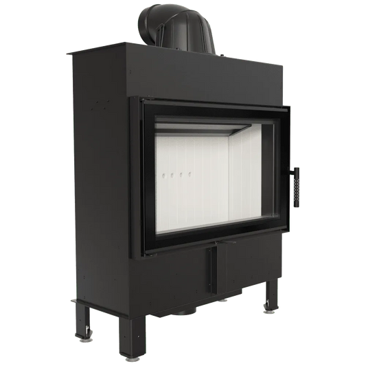Kratki Lucy 14 kW Slim houtkachel met zwart metalen behuizing en glazen deur.