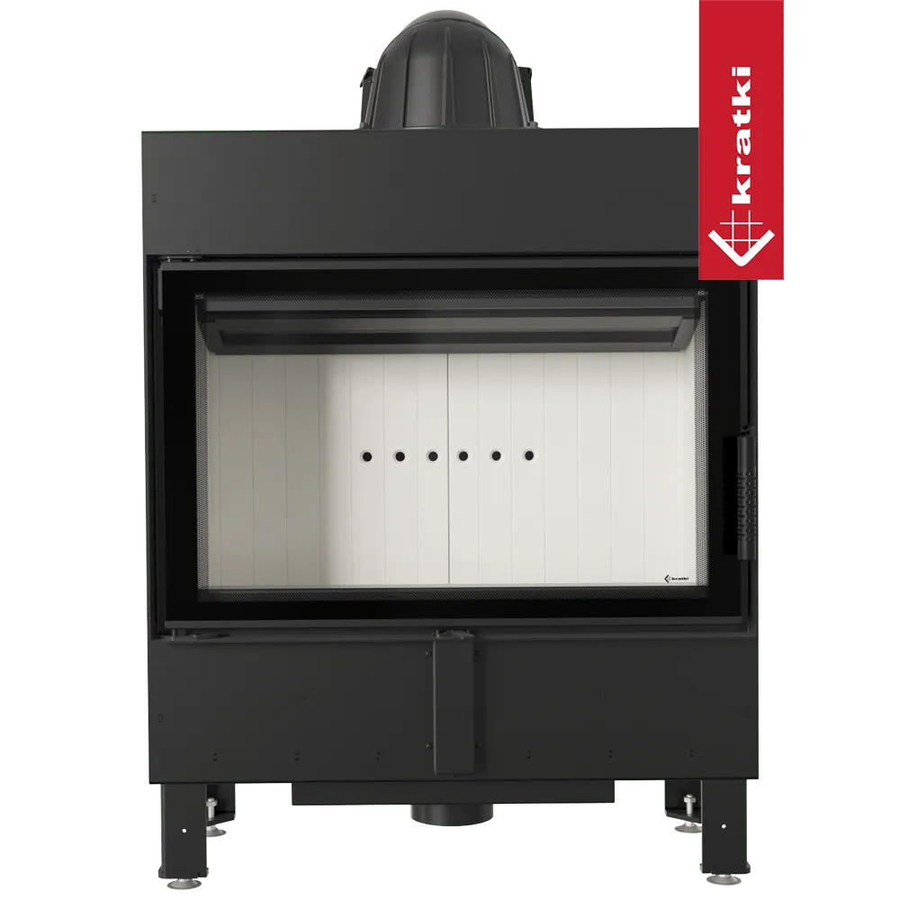 Zwarte Kratki Lucy 14 kW Slim houtkachel met glazen deur en witte binnenkant.