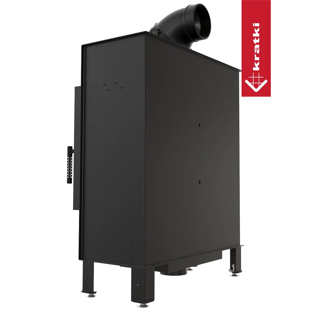 Kratki Lucy 14 kW Slim, zwarte vrijstaande houtkachel met bovenafvoer en verstelbare poten.