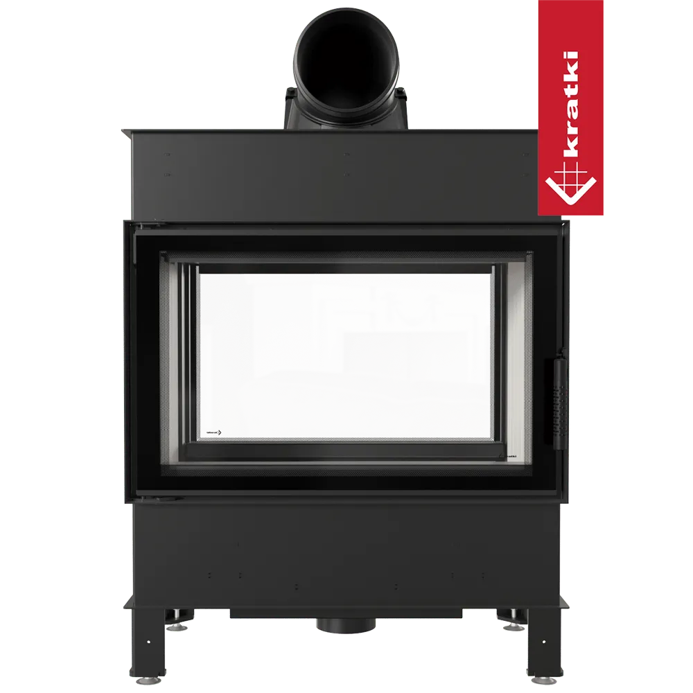 Kratki Lucy 14 kW Tunnel houtkachel met dubbelzijdig glas en strak, modern ontwerp.