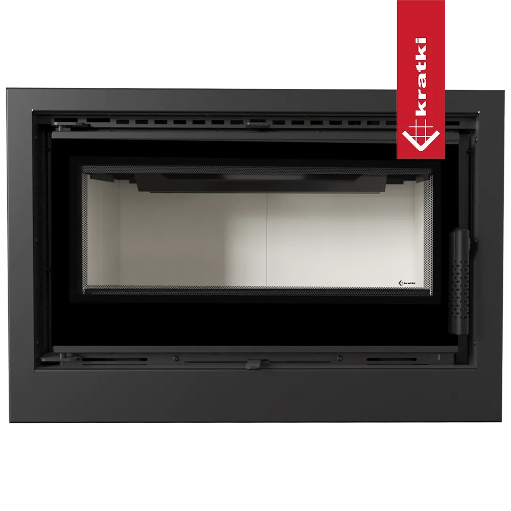 Kratki Kaseta Arke 70, moderne inbouwhaard met zwart frame en glazen deur.