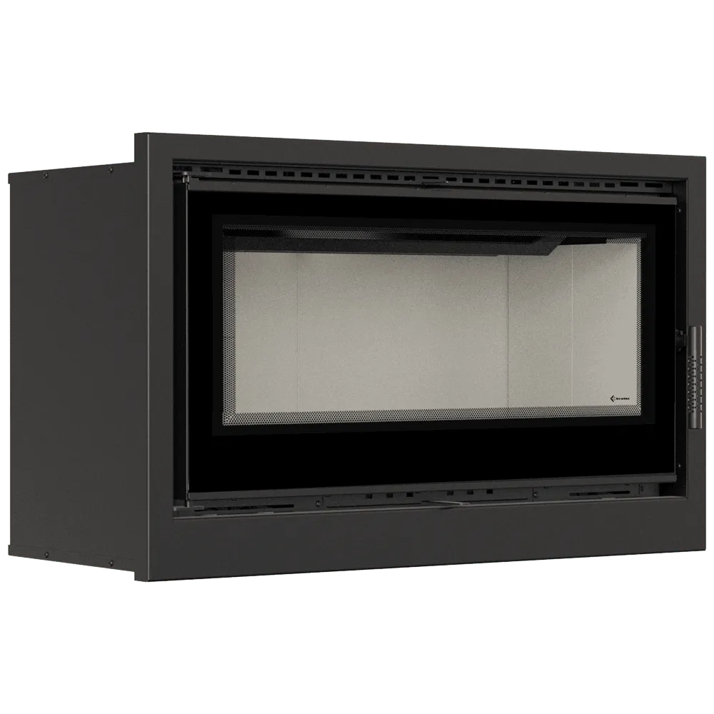 Zwarte Kratki Kaseta Arke 95 inbouwhaard met glazen deur en metalen frame.
