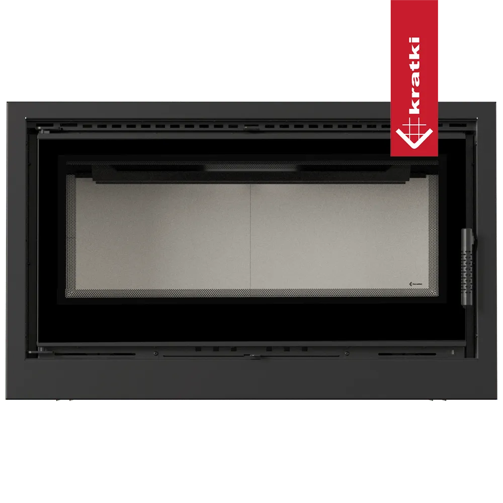 Kratki Kaseta Arke 95, moderne inbouwhaard met strak zwart frame en glazen deur.