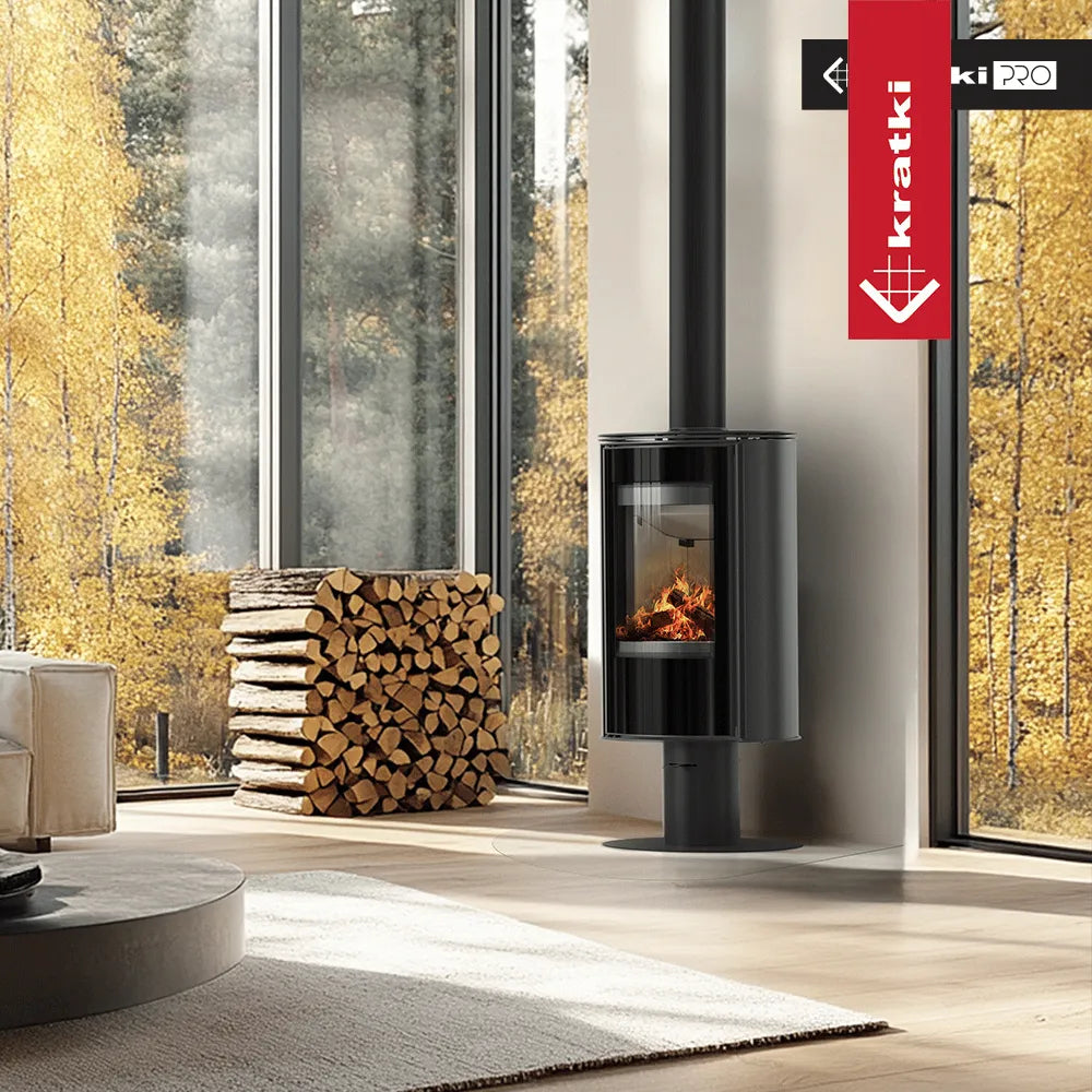 Kratki Erik houtkachel in moderne woonkamer met grote ramen en uitzicht op herfstbos.