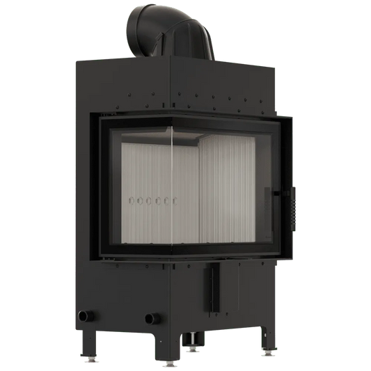 Kratki Lucy 12 kW Links, moderne zwarte houtkachel met glazen hoekdeur en rookafvoer bovenaan.