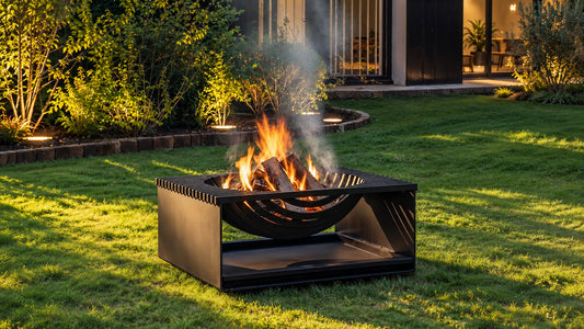Balstil Ember vuurkorf met brandend hout in een verlichte tuin