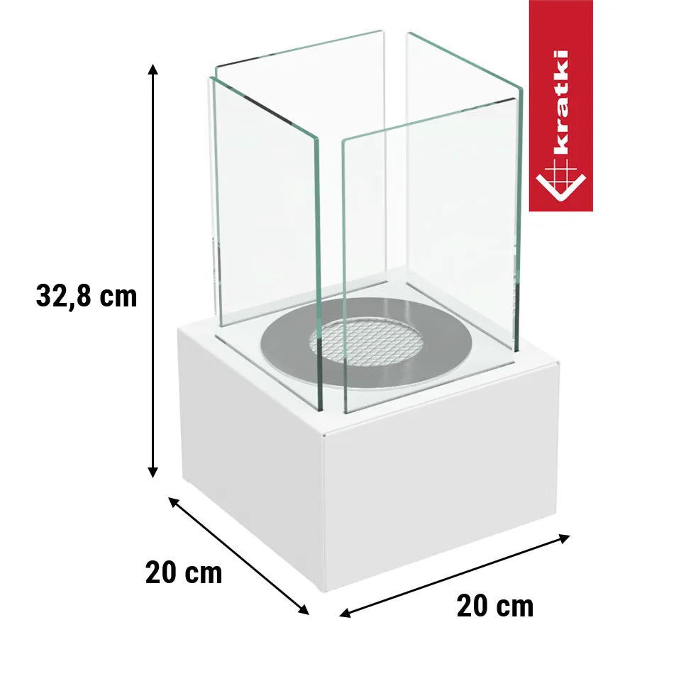 Kratki Tango1 bio-ethanol tafelhaard, afmetingen 32,8 cm hoog, 20 cm breed en diep.