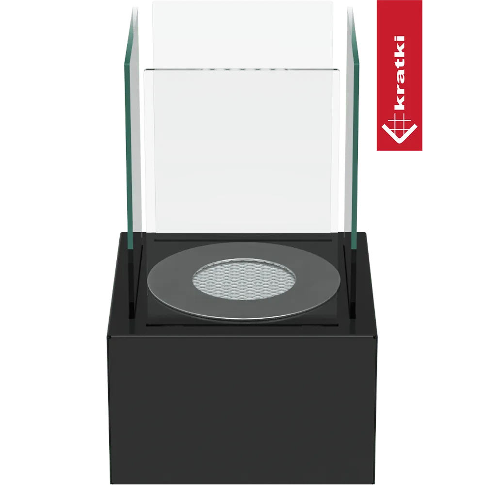 Kratki Tango1 bio-ethanol haard met glazen panelen en zwart metalen basis.