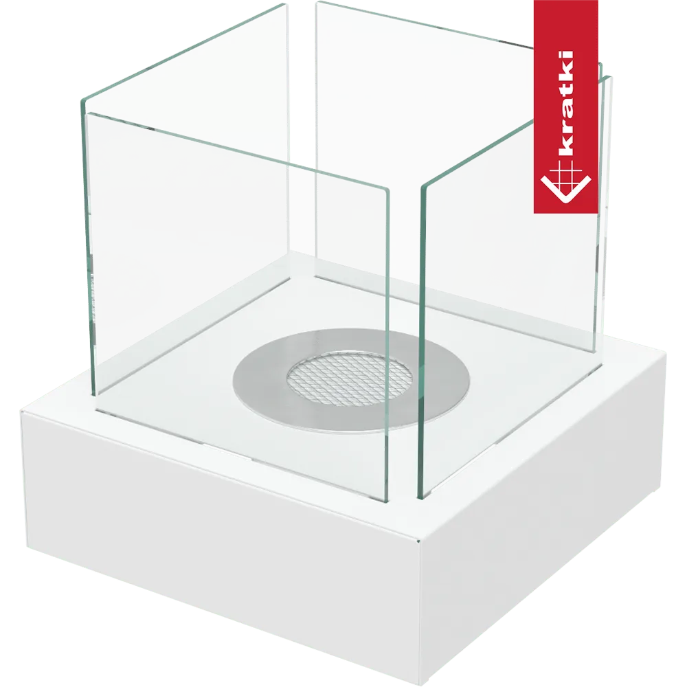 Kratki Tango3 TÜV tafelhaard met glazen ombouw en wit metalen basis.