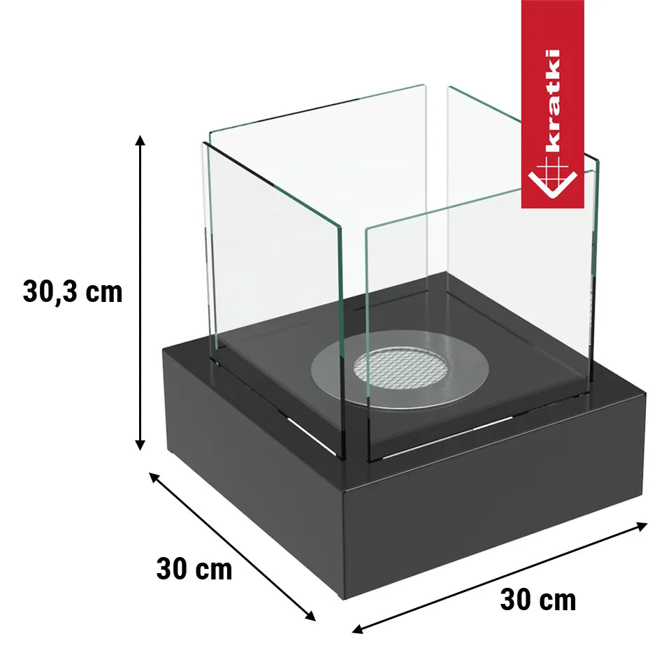 Kratki Tango3 TÜV bio-ethanol tafelhaard met afmetingen 30,3 cm hoog en 30 cm breed.