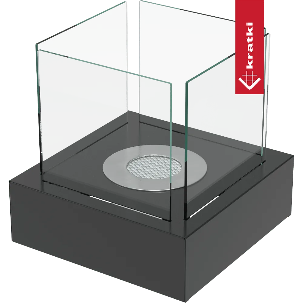Kratki Tango3 TÜV tafelhaard met glazen ombouw en zwart metalen basis.