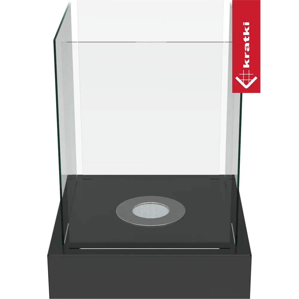 Kratki Tango4 TÜV, moderne glazen haard met zwart metalen basis en TÜV-certificering.