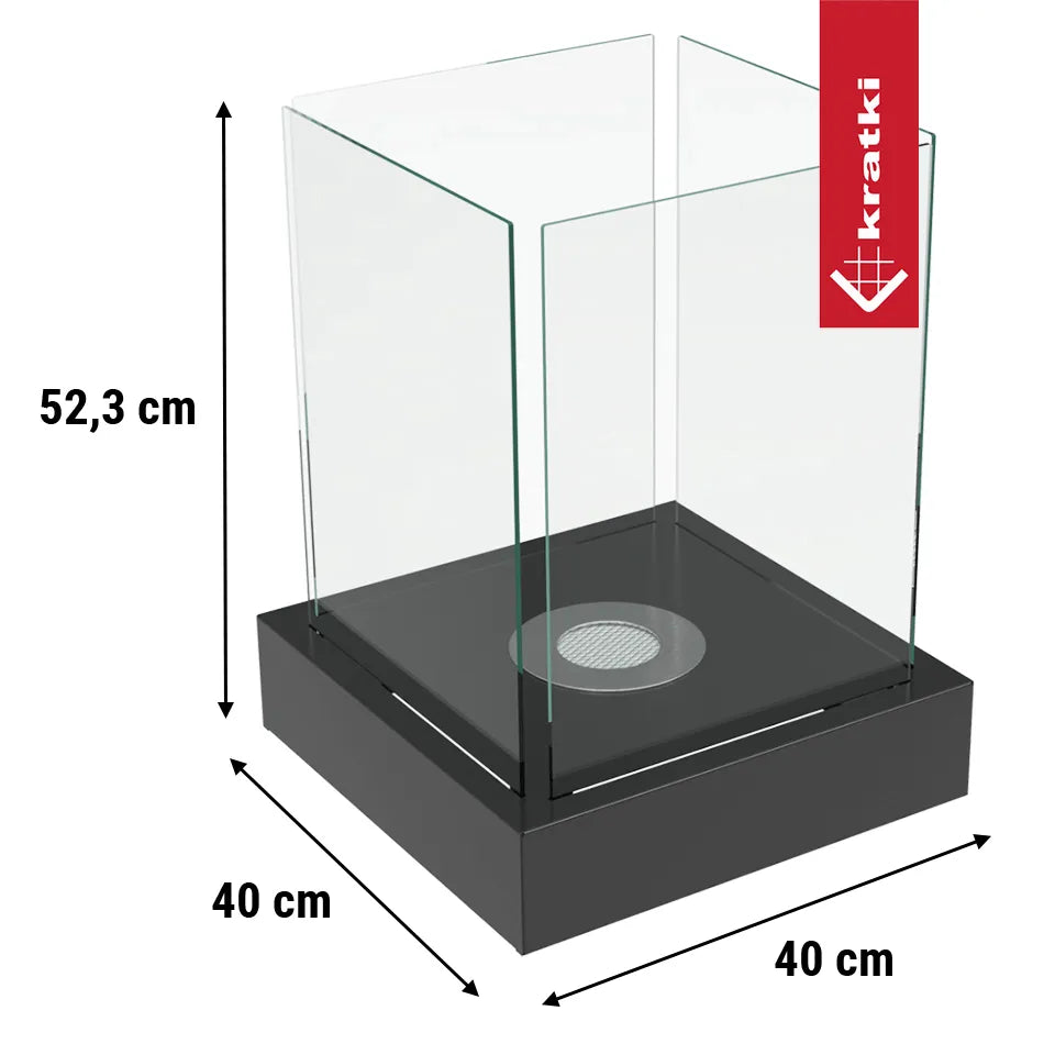 Kratki Tango4 TÜV bio-ethanol haard met glazen panelen, afmetingen 52,3 cm hoog, 40 cm breed.
