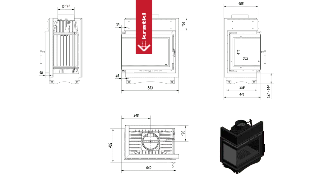 Technische tekening en 3D-afbeelding van Kratki Maja Links haard met afmetingen.