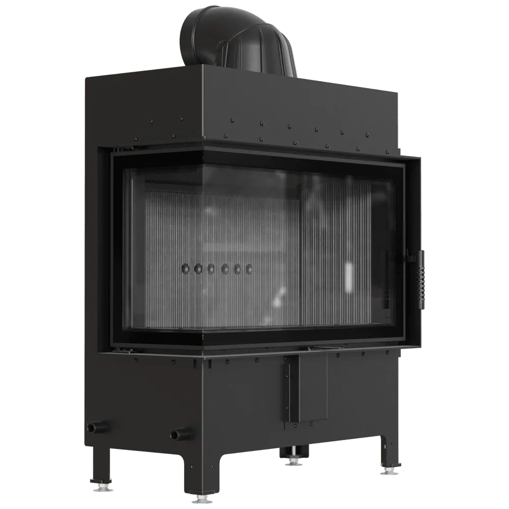 Kratki Lucy 14 kW Links, moderne zwarte houtkachel met glazen deur en zijpaneel links.