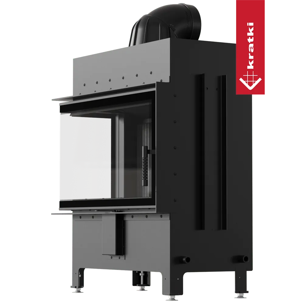 Kratki Lucy 14 kW Links, moderne zwarte houtkachel met glazen deur en zijruit.