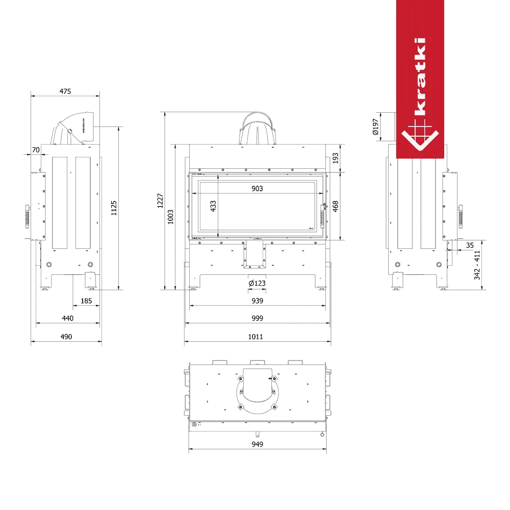 Technische tekening van de Kratki Lucy 16 kW haard met afmetingen en aansluitingen.
