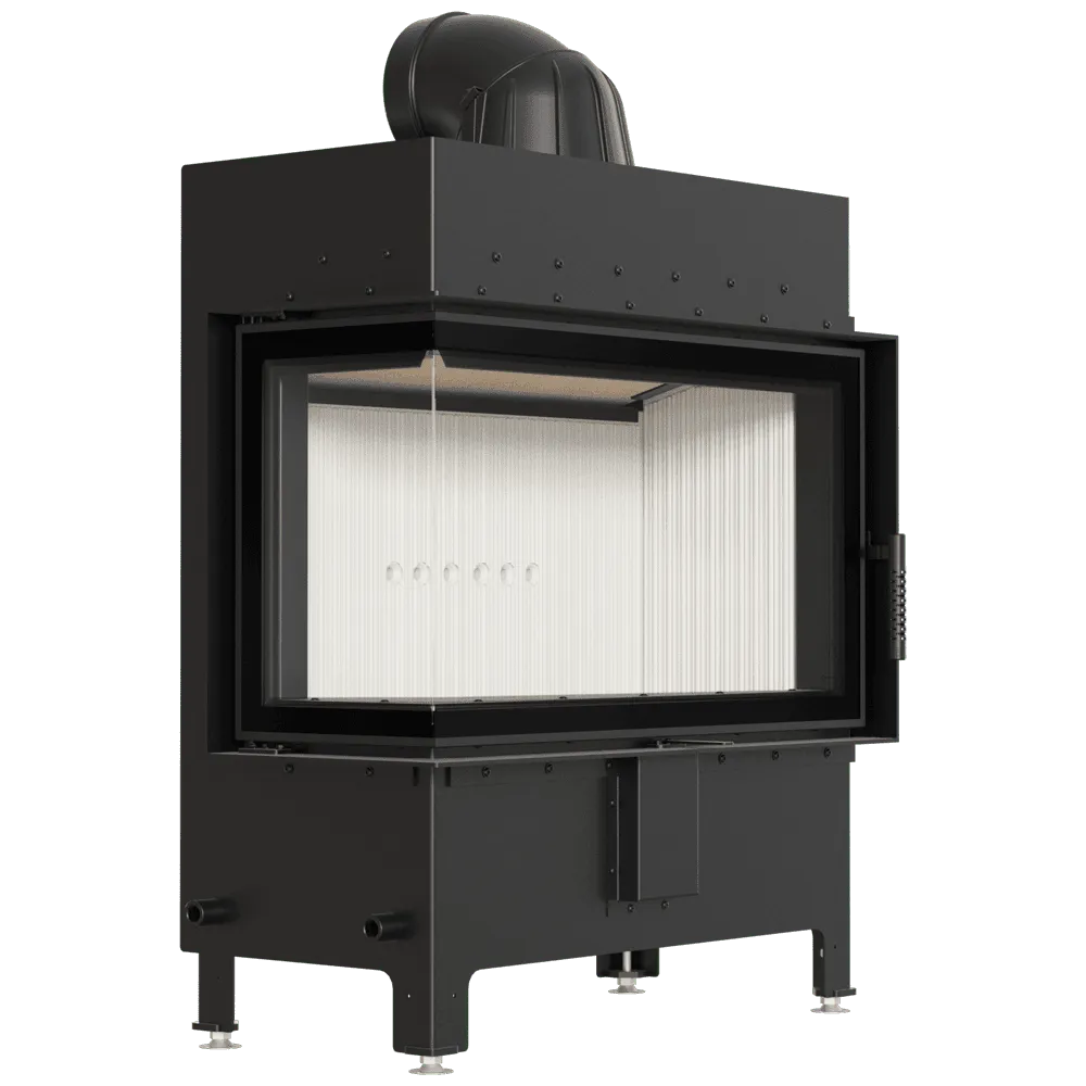 Zwarte Kratki Lucy 14 kW Links houtkachel met glazen zijpaneel en moderne uitstraling.