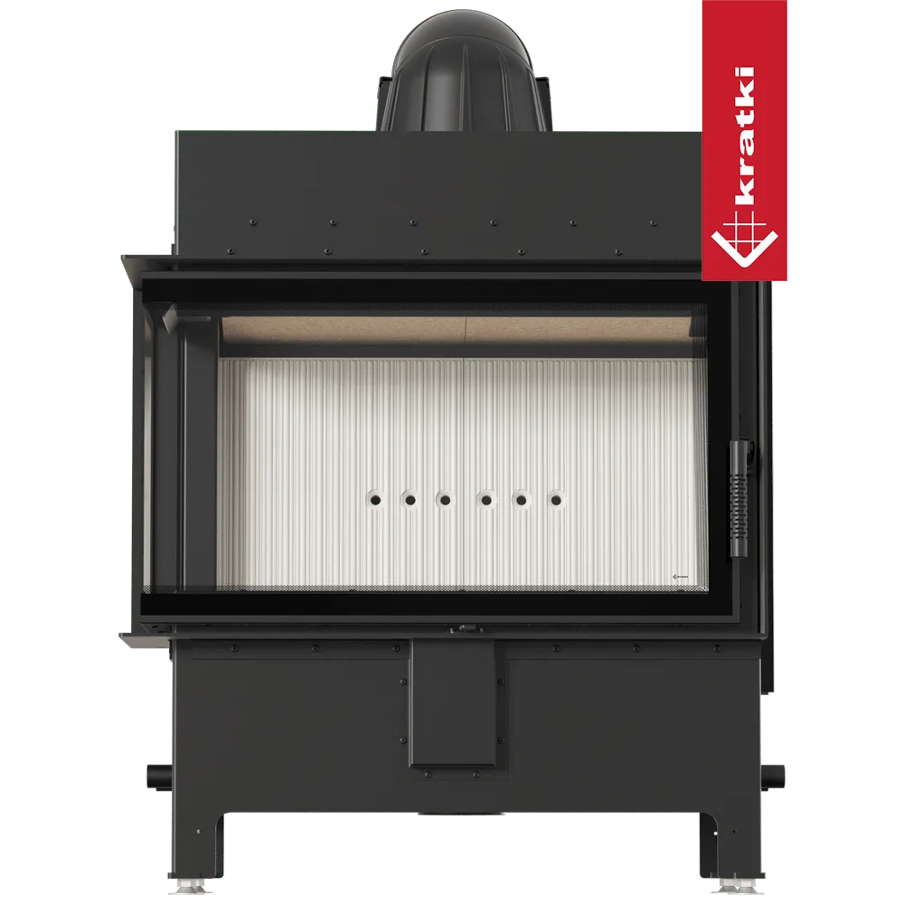 Kratki Lucy 14 kW Links, moderne zwarte houtkachel met glazen deur en witte binnenkant.