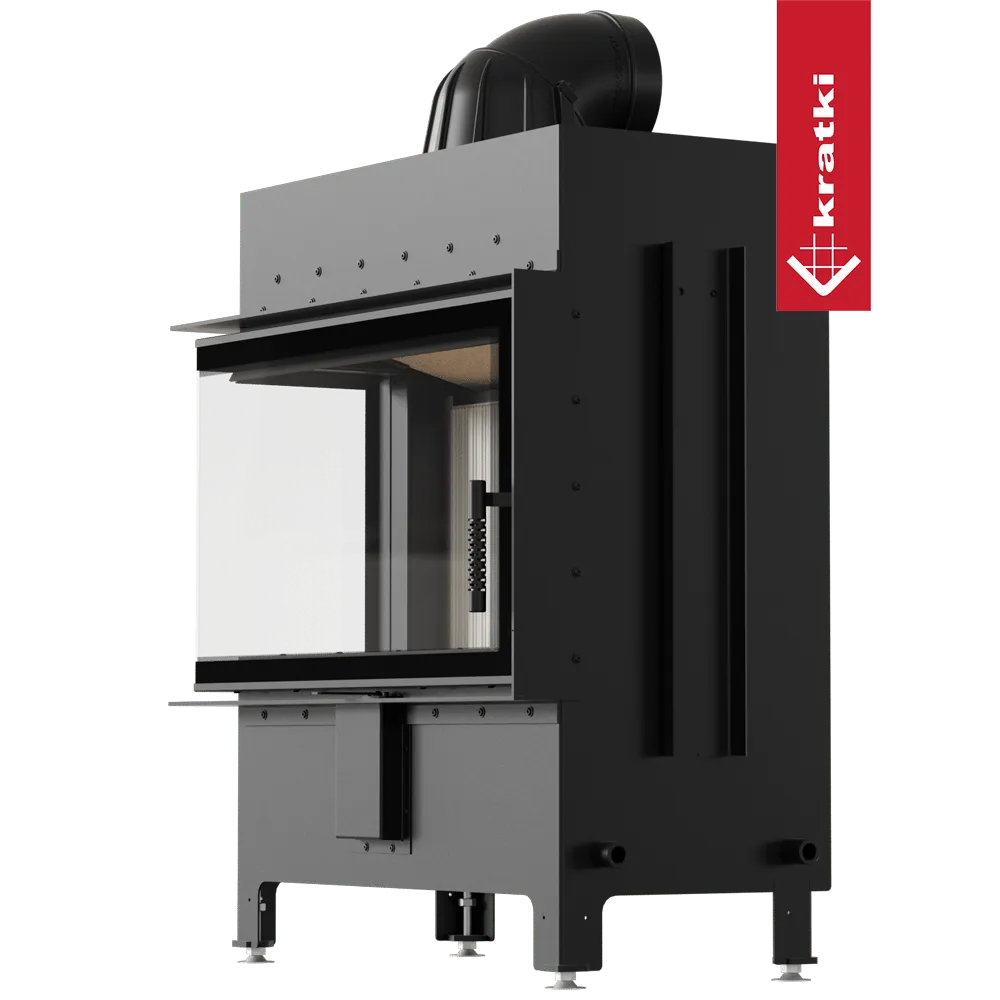 Kratki Lucy 14 kW Links, moderne zwarte houtkachel met glazen deur en bovenste rookafvoer.