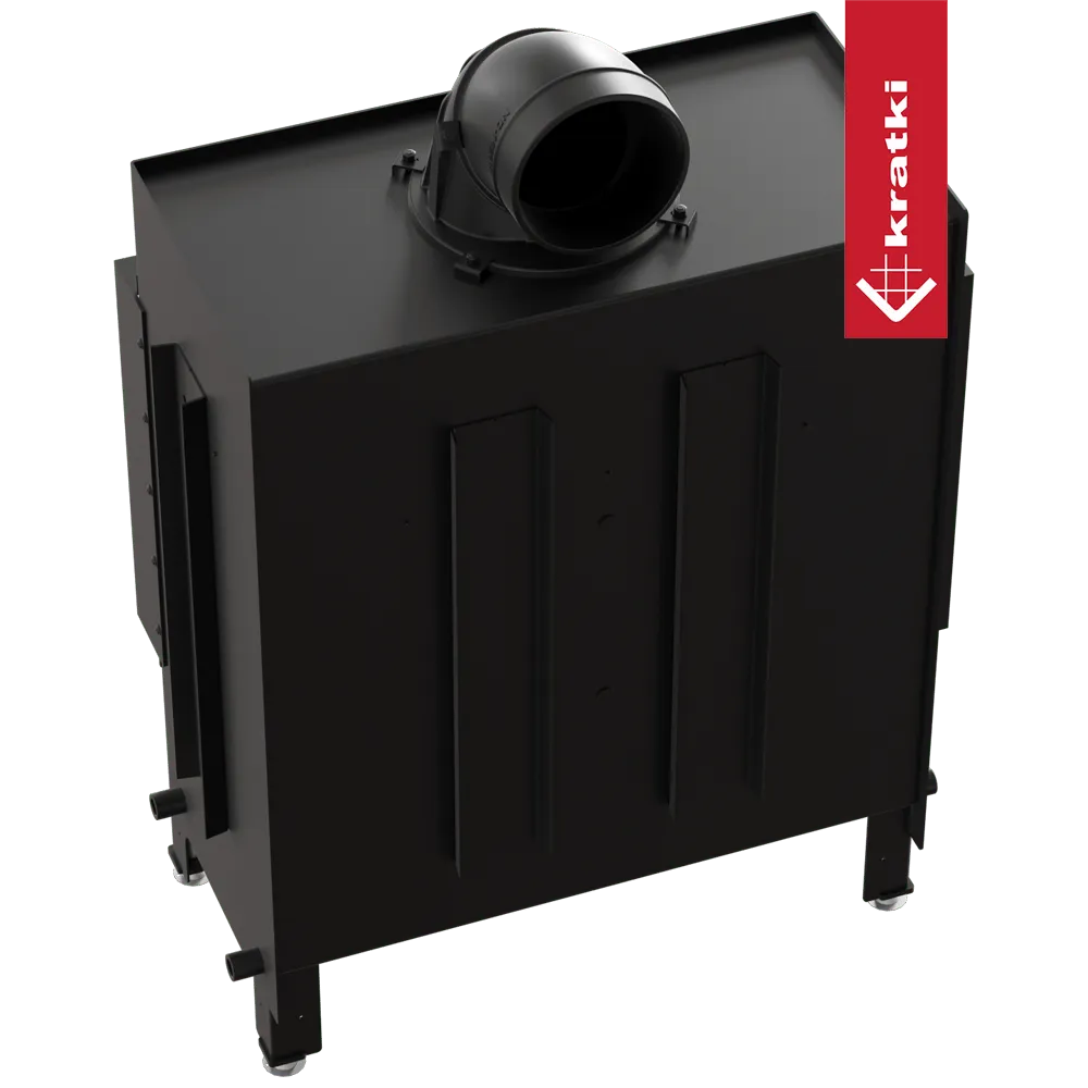 Zwarte Kratki Lucy 14 kW Links houtkachel met bovenafvoer en robuust ontwerp.