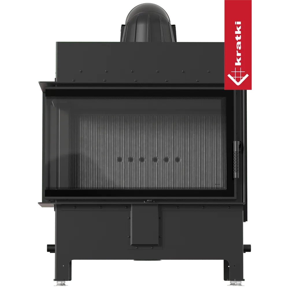 Kratki Lucy 14 kW Links, moderne zwarte houtkachel met glazen deur en metalen afwerking.