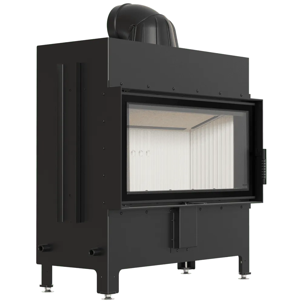 Zwarte Kratki Lucy 16 kW houtkachel met glazen deur en metalen afwerking.