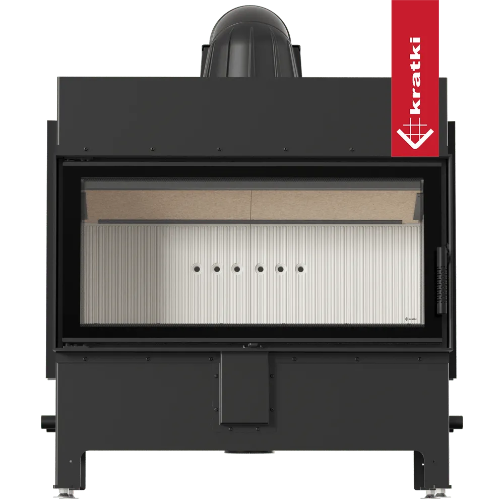 Kratki Lucy 16 kW houtkachel met groot glazen venster en strak, modern ontwerp.