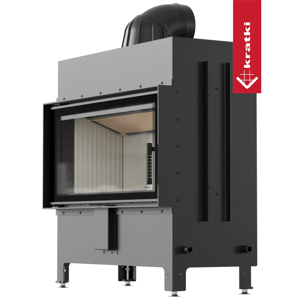 Kratki Lucy 16 kW houtkachel met glazen deur en moderne, zwarte afwerking.