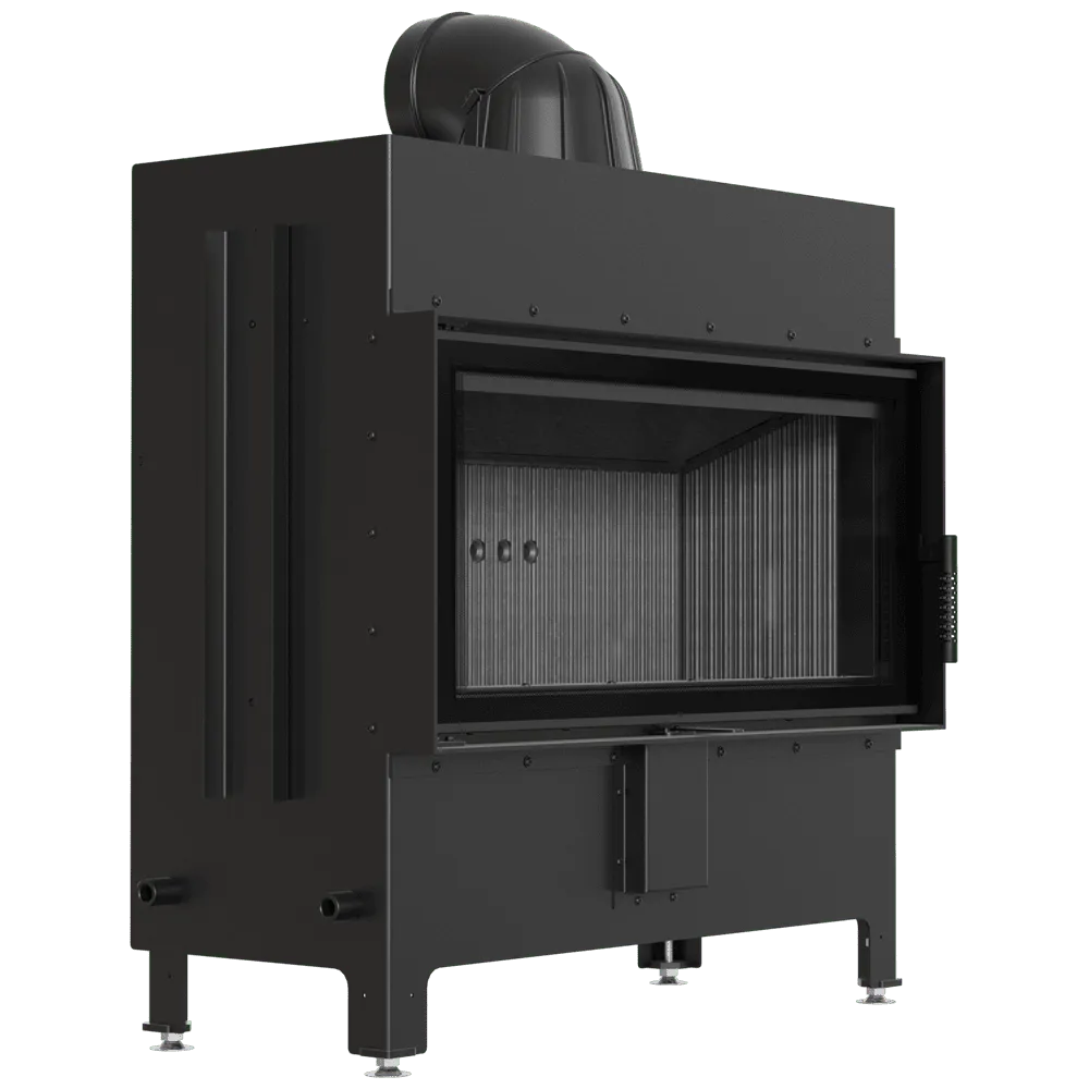 Zwarte Kratki Lucy 16 kW houtkachel met glazen deur en metalen afwerking.