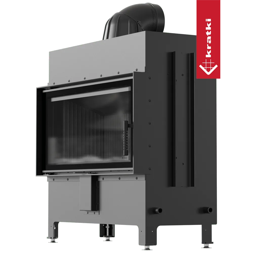 Kratki Lucy 16 kW houtkachel met modern ontwerp en grote glazen deur.
