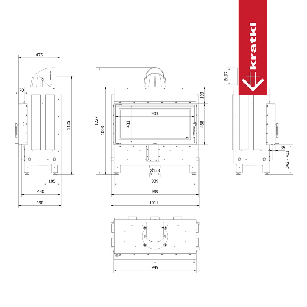 Technische tekening van de Kratki Lucy 16 kW haard met afmetingen en specificaties.