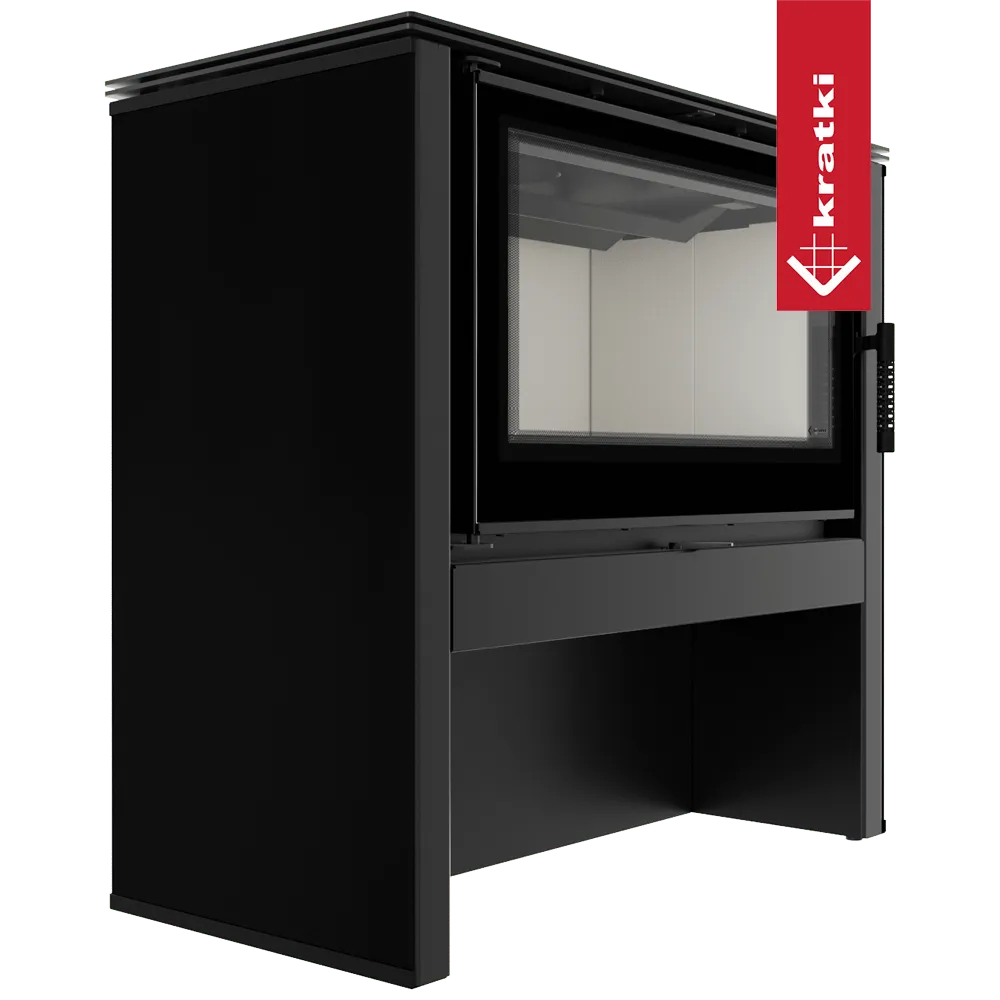 Zwarte, moderne houtkachel Kratki Juno 12 kW met groot glazen venster en strak ontwerp.