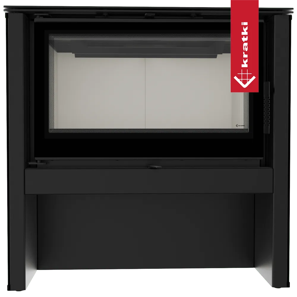 Zwarte Kratki Juno 12 kW houtkachel met groot glazen venster en strak, modern ontwerp.