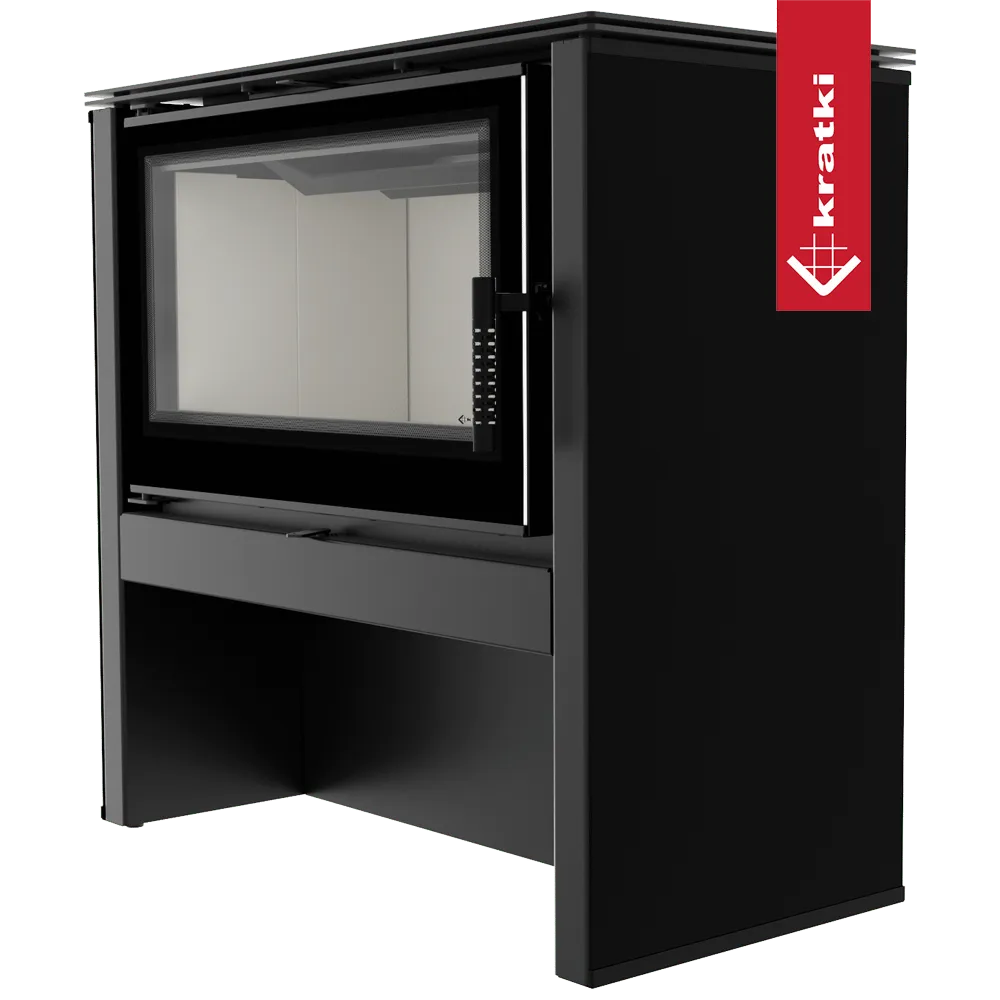 Zwarte Kratki Juno 12 kW houtkachel met groot glazen venster en strak ontwerp.