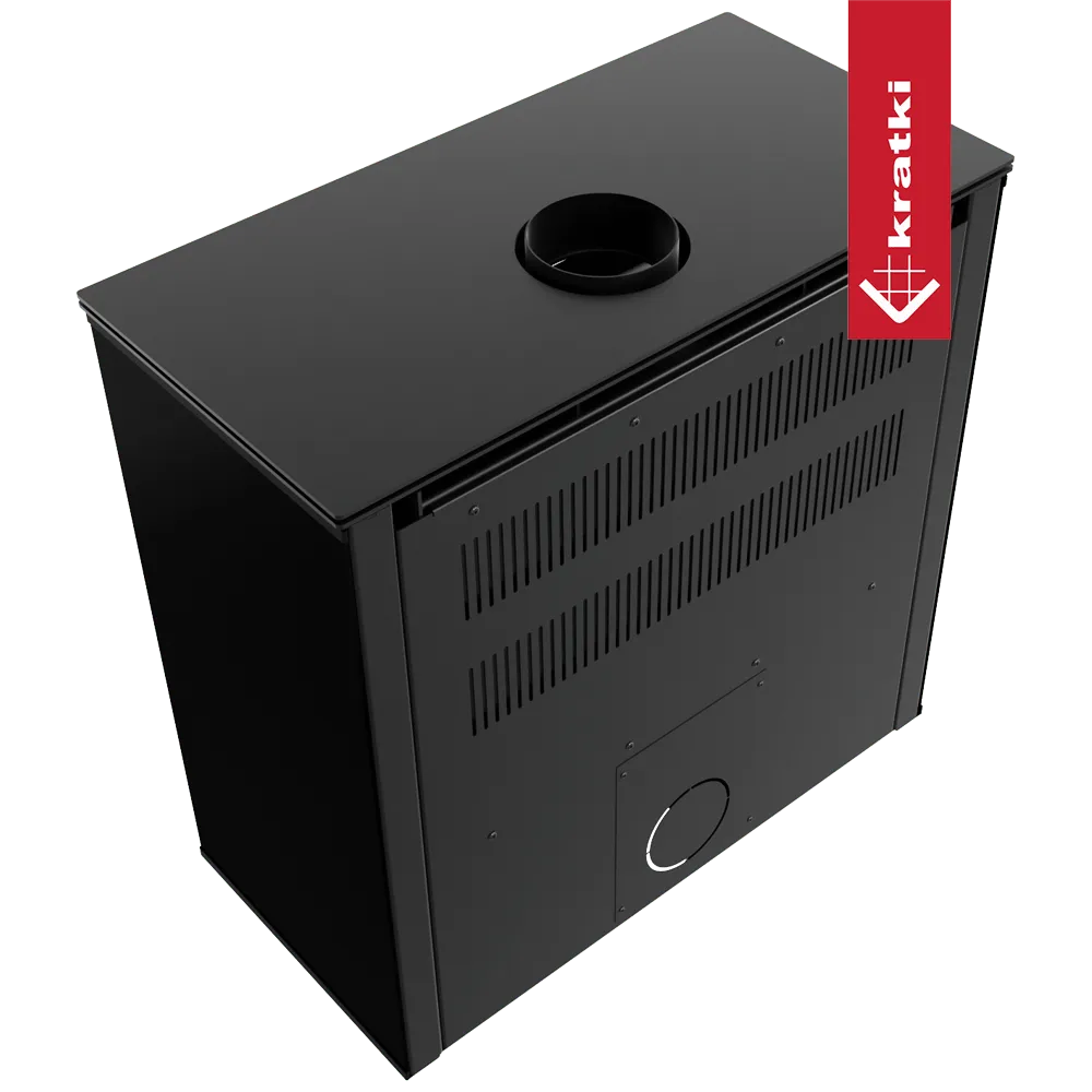 Zwarte Kratki Juno 12 kW houtkachel met bovenafvoer en ventilatierooster aan de achterkant.
