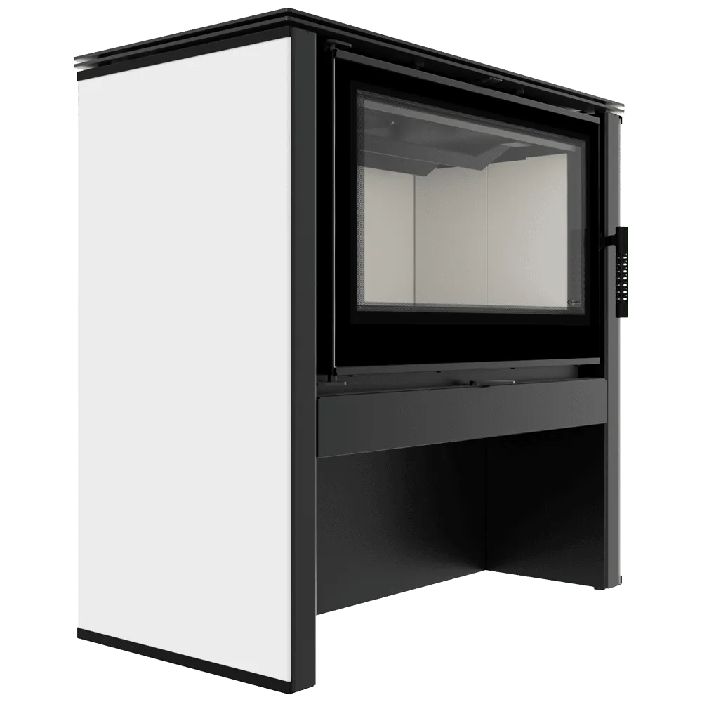 Kratki Juno 12 kW houtkachel met modern zwart-wit ontwerp en grote glazen deur.
