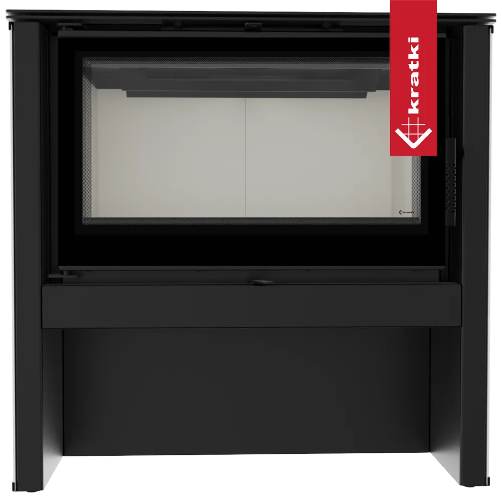 Zwarte houtkachel Kratki Juno 12 kW met groot glazen venster en strak ontwerp.