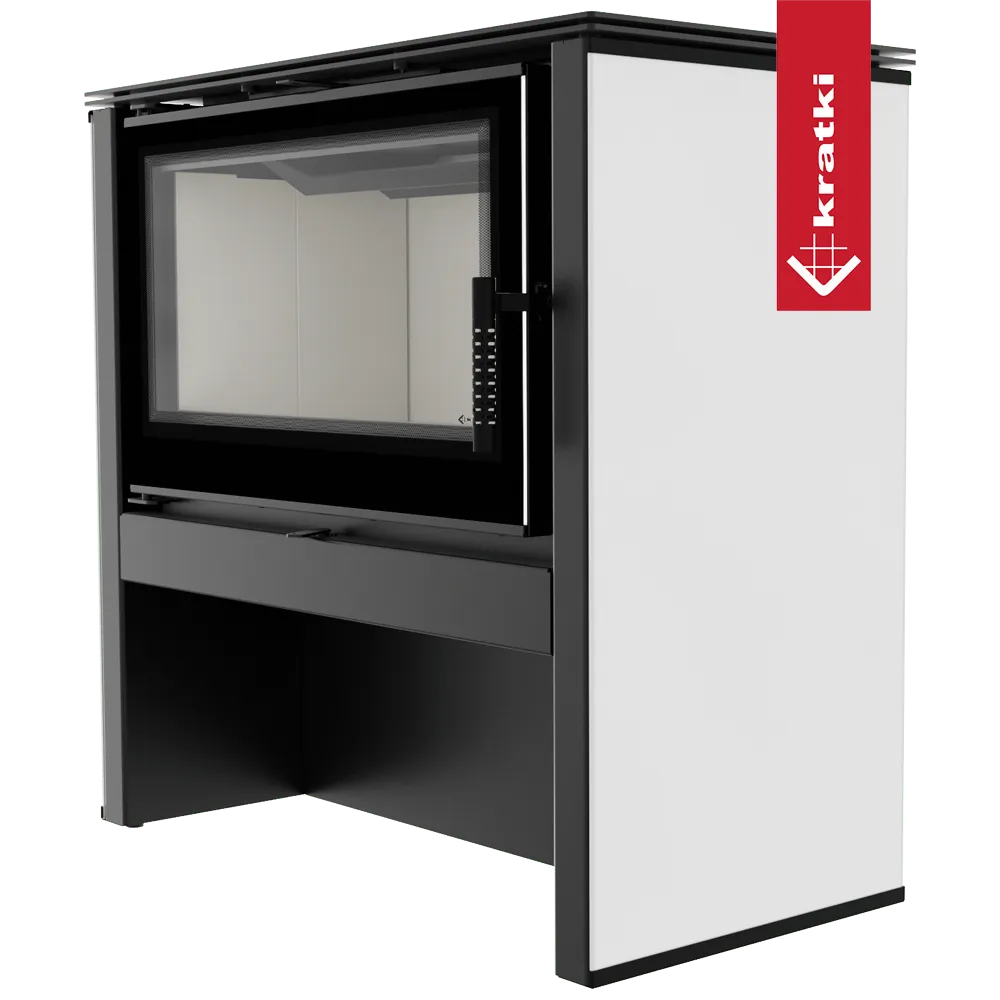 Kratki Juno 12 kW houtkachel met modern ontwerp en grote glazen deur.