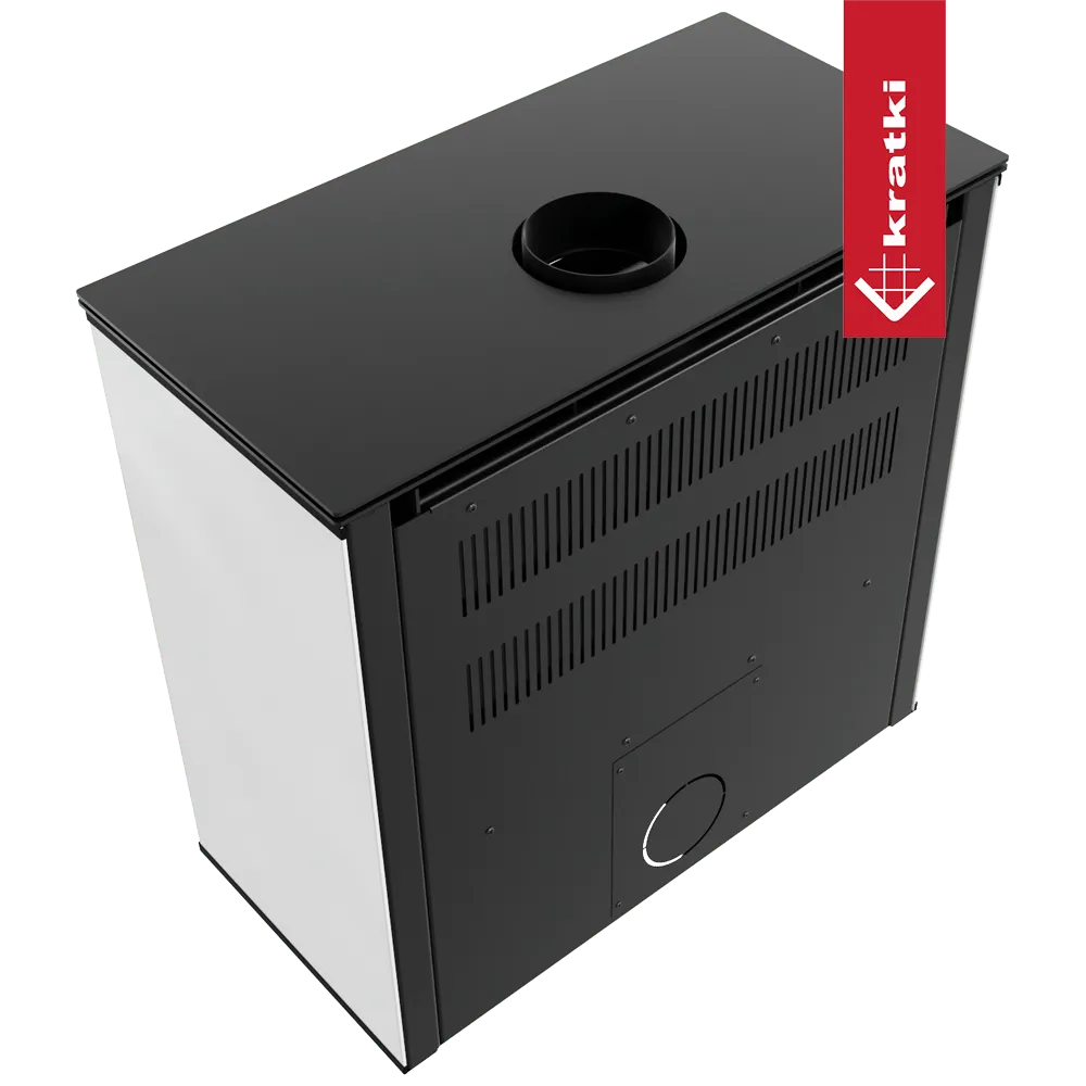 Zwarte en witte Kratki Juno 12 kW houtkachel met bovenafvoer en ventilatierooster.