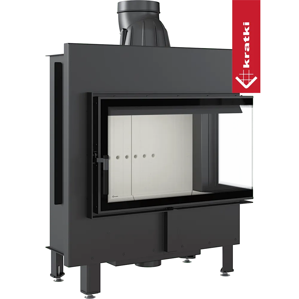 Kratki Lucy 14 kW Rechts, moderne inbouwhaard met glazen zijpaneel en zwart metalen afwerking.